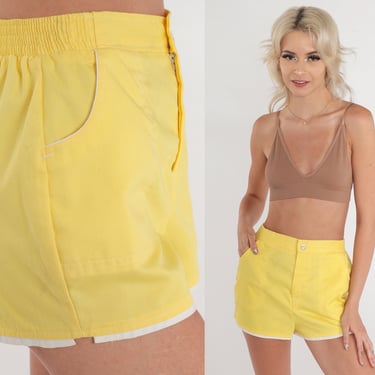 Yellow Ringer Shorts 80s High Waisted Shorts Retro Trouser Shorts Simple Short Shorts Pinup Plain Summer Bottoms Hotpants Vintage 1980s XS 