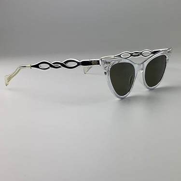 Vintage 1950'S Aluminium Cat Eye Sunglasses - Shinny Chrome Finish - Carved Leaf Details - by ROMCO - New UV Glass Lenses 