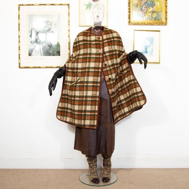 Vintage 1960s Brown Check Wool Cape With Buttons And Pockets Crew Neck Size M 