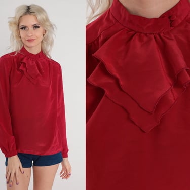 Red Ruffle Blouse 70s 80s Jabot Collar Shirt High Neck Top Retro Long sleeve Bohemian Preppy Secretary Simple Chic Vintage 1970s Small S 