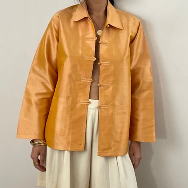 90s silk dupioni blouse jacket / vintage apricot peach silk frog closure blouse jacket over shirt blazer | Large 