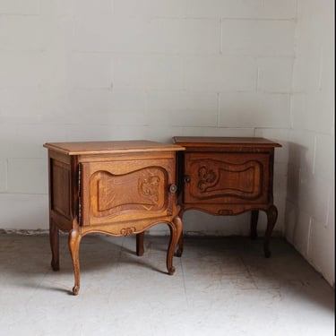 pair of vintage french louis xvi style oak nightstands