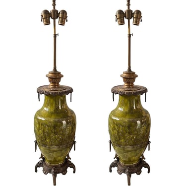 Pair of French 19th Century Ceramic &amp; Bronze Lamps
