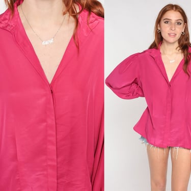Puff Sleeve Blouse Fuchsia Pink Top Hidden Button Up Shirt 80s Solid Plain Collar Top Vintage 1980s Long Sleeve Shirt Large L 