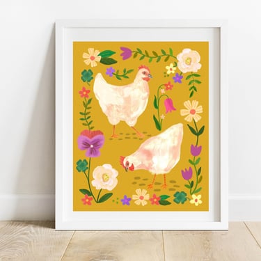 Chickens With Spring Florals 8 X 10 Art Print/ Hens and Botanicals Illustration/ Modern Farmhouse Wall Decor/ Birds And Flowers Home Decor 