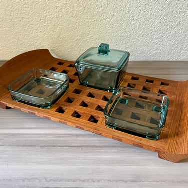 Vintage Dansk Teak Lattice Tray with glass dishes, JHQ Denmark, designed by Jens Quistgaard 