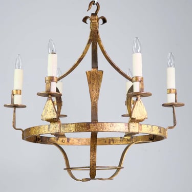 French Country Gold Wrought Iron 6 Arm Hand Hammered Chandelier