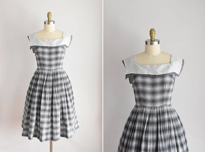 1950s Madison Ford dress / vintage 50s cotton sundress / black & white plaid dress 