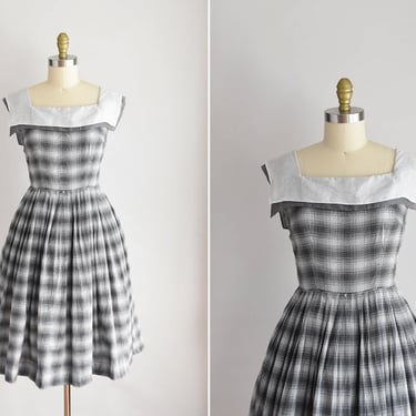 1950s Madison Ford dress / vintage 50s cotton sundress / black & white plaid dress 