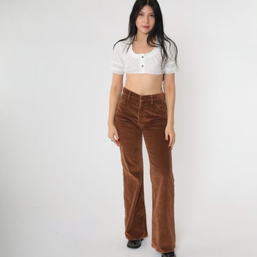 70s Corduroy Bell Bottom Pants Vintage Hippie Brown High Waisted Trousers Boho Flared 1970s High Waist Bohemian Lee Small Long 28 x 33 