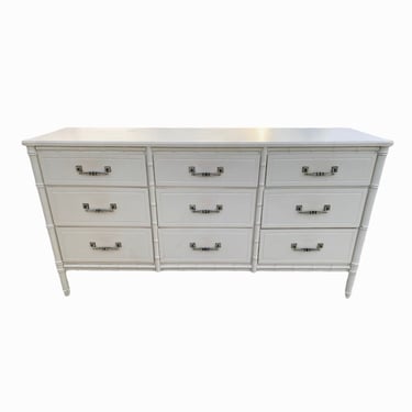 Faux Bamboo Dresser with 9 Drawers - Vintage White Henry Link Style Hollywood Regency Palm Beach Coastal Bedroom Furniture 