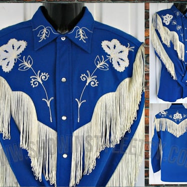 H Bar C, California Ranchwear, Vintage Western Taos Men's Cowboy Shirt, Fringe & Rhinestones, Size 15.5, Approx. Medium (see meas. photo) 