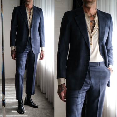 Vintage 70s Christian Dior Monsieur Navy Tartan Plaid Wide Lapel Flare Leg Suit | 100% Wool | Made in USA | 1970s DIor Designer Mens Suit 