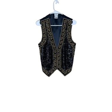 Halsey Collection Black Gold Beaded Greek Key Vest, Size Small 