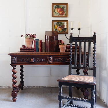 19th century French carved oak Renaissance revival barley twist desk