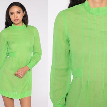 Mod Mini Dress Sheer Lime Green Dress 60s Shift Long Sleeve Dress 70s Vintage Twiggy Plain 1960s Dress Minidress Simple Basic Small xs s 