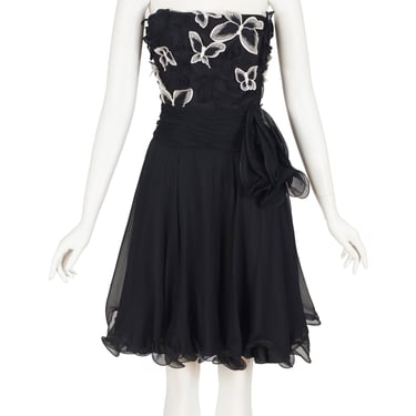 Louis Féraud 1990s Vintage Butterfly Appliqué Black Silk Chiffon Party Dress Sz XS S 