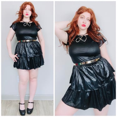 1980s Vintage Amy's Place Wet Look Mini Dress / 80s Black Fit and Flare Tiered Ruffled Skirt Dress / Size Medium - Large 