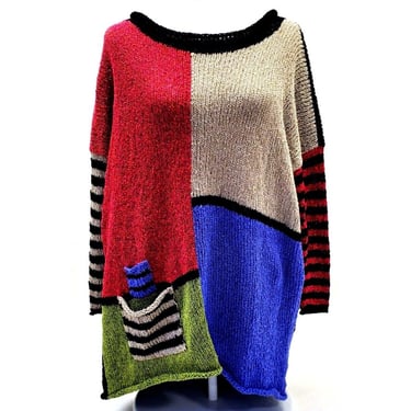 Designer One Size Color Block Hand Knit Sweater Woven W/Pockets Woven PULLOVER! 