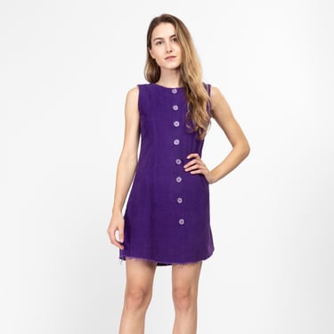 XS 60s Mod Purple Corduroy Mini Dress | Retro Vintage Sleeveless A Line Button Up Dress 