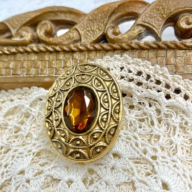 Ornate Filigree Locket Pendant, Faceted Topaz, Large Brooch, Avon Compact, Vintage 