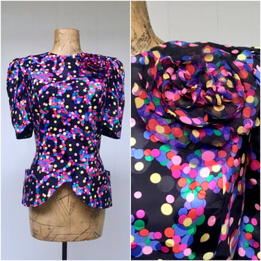 Vintage 1980s Silk Jacquard Peplum Top, 80s Whimsical Raoul Blanco Black Multi-Colored Polka Dot Blouse, Size 10, 38