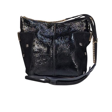 Jimmy Choo - Black Patent Leather & Suede Flat Stud Trim Crossbody Bag