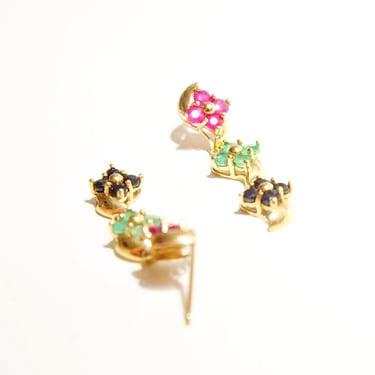 Vintage 14K Gold Jeweled Flower Pierced Dangle Earrings, Faceted Pink Green &amp; Blue Stones, Tiered Yellow Prong Settings, Cute Earrings, 30mm 