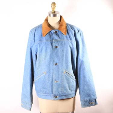 1970s Blue Denim Metal Snap Corduroy Trim Faux Fur Lined Western Work Wear Western Chore Coat by Wrangler -L 