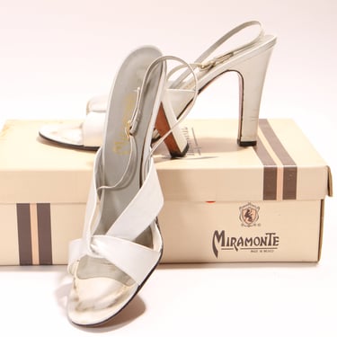 1970s White Leather Criss Cross High Heel Sling Back Pumps by Miramonte -Size 9M 