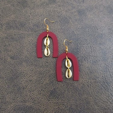Cowrie shell earrings, red earrings, African earrings, mid century earrings, bold statement earrings, unique Afrocentric earrings 