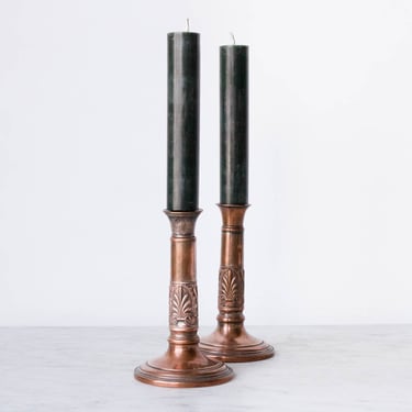 Pair of Vintage Embossed Copper Candlesticks with Beeswax Tapers