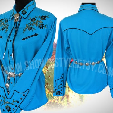 Vintage Retro Women's Cowgirl Western Shirt by Panhandle Slim, Western Blouse, Turquoise & Floral Embroidery, Large (see meas. photo) 