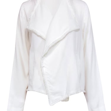 Go Silk - Off White Silk Open Front Jacket w/ Fringe Sz M