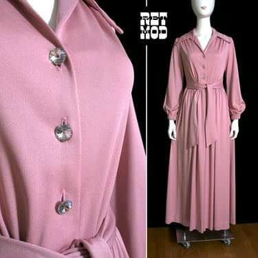 Lovely Vintage 70s Dusty Light Pink Long Sleeve Maxi Dress with Sparkly Rhinestone Buttons 