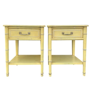 Faux Bamboo Nightstands Pair by Henry Link Bali Hai FREE SHIPPING - Set of 2 Vintage Yellow Hollywood Regency Coastal End Tables 