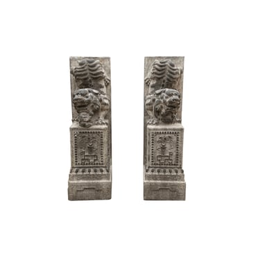Chinese Pair Gray Stone Fengshui Foo Dogs Lions Door Block Statue cs7662E 