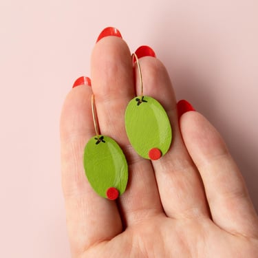 Small Pimento Olive Earrings - Reclaimed Leather Statement Earrings 