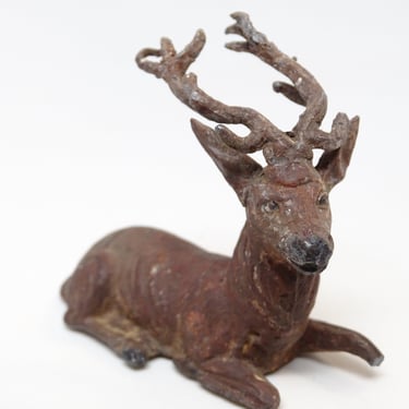 Antique German Metal Reindeer Hand Painted, Toy Lead Deer for Christmas Putz or Nativity Creche 