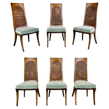6 Mid-Century Klismos Double Cane Back Dining Chairs In Birdseye Maple & Mohair 
