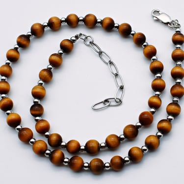 70's tigers eye sterling beaded rocker necklace, brown chatoyant stone 925 silver hippie choker 