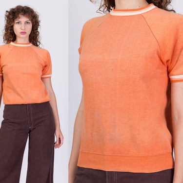70s Orange Short Sleeve Ringer Sweatshirt - Medium | Vintage Distressed Striped Trim Raglan Top 