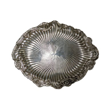 Antique Silver Repousse Platter / Oval 800 Silver Tray / Swirl and Floral Embossed Serving Dish with Crimped Edges 