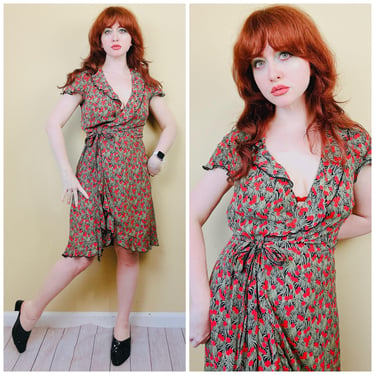 Y2K Loco Lindo Berry Print Wrap Dress / Vintage Novelty Ruffled Rayon Short Sleeve Dress / Size XL 