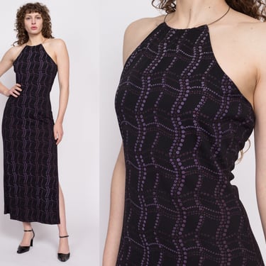 Y2K Wavy Floral Hoop Neck Halter Dress, Deadstock - Large | Vintage Black Purple Low Back Bodycon Party Maxi Dress 
