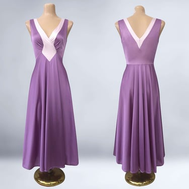VINTAGE 80s OLGA Full Sweep Midi Nightgown Lavender and Pink Color Block Style #9206 | Stretch Bodice 154