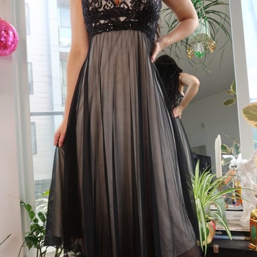 Y2K Sheer Black Mesh Slip Dress – Lace Bust Empire Waist Gown
