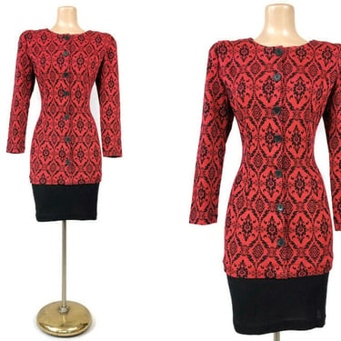 VINTAGE 1980s Black and Red Damask Print Knit Mini Dress by Eber San Francisco Sz 9 | 80s Curvy Sweater Dress | Vintage Knitwear | VFG 