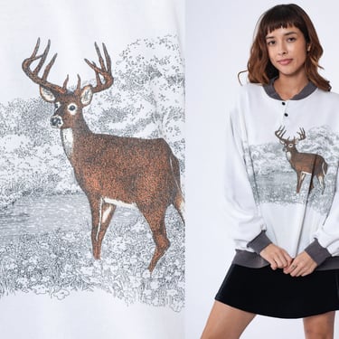 90s Deer Sweatshirt White Buck Animal Sweatshirt Nature Polo Shirt Graphic Pullover Wildlife Shirt 1990s Vintage Pocket Extra Large xl 
