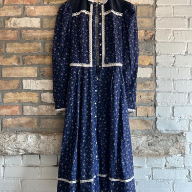 Vintage 1970s Navy Calico Gunne Sax Dress, Prairie, Cottage Core 